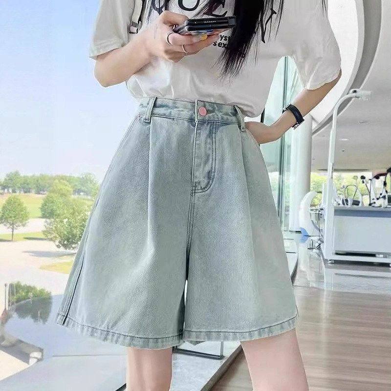 浅色牛仔短裤女夏季新款小个子高腰宽松显瘦遮胯A字阔腿五分中裤