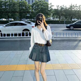 高腰显瘦小个子a字半身裙子 新款 美式 复古百褶牛仔短裙女2026夏季