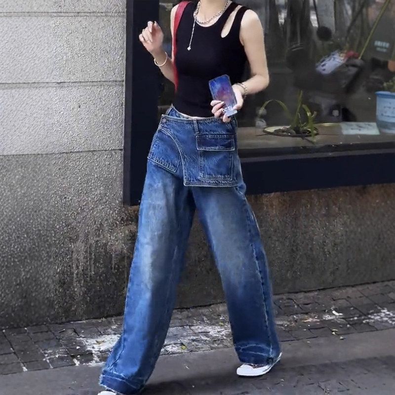 复古做旧设计感直筒牛仔裤女春秋季新款假两件高腰宽松显瘦拖地裤