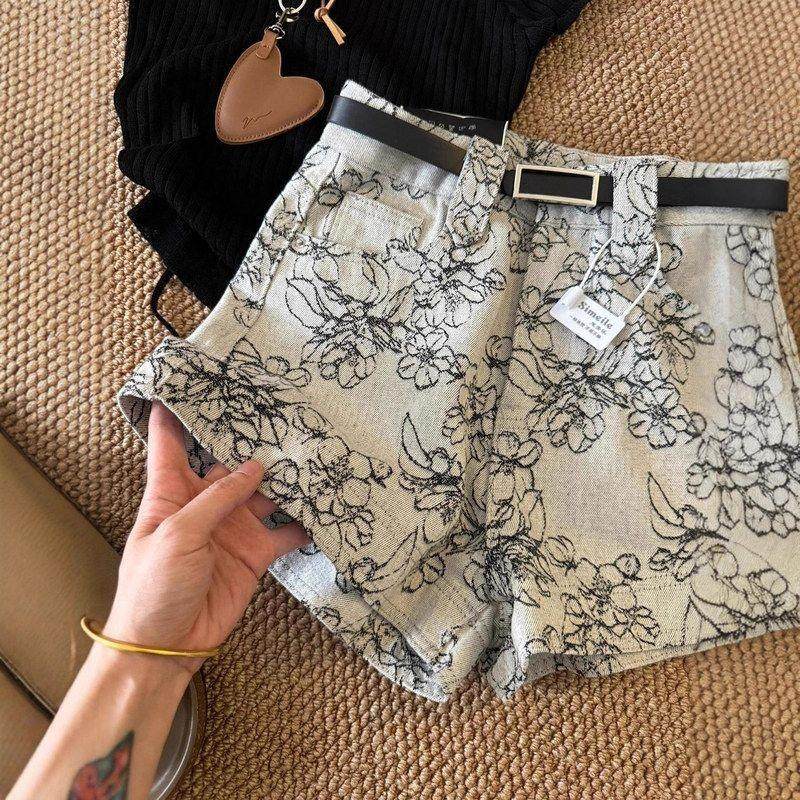美式小众提花刺绣高腰牛仔短裤女2025年夏季宽松辣妹a字阔腿热裤