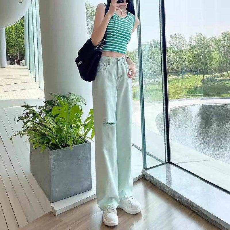 浅绿色破洞阔腿牛仔裤女夏季薄款2024小个子高腰宽松休闲直筒裤潮,女装/女士精品,牛仔裤,淘宝优惠券,粉丝福利购,淘宝优惠卷