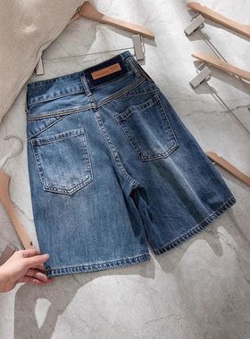 复古高腰牛仔短裤女2025夏季薄款a字梨型身材显瘦直筒阔腿五分裤