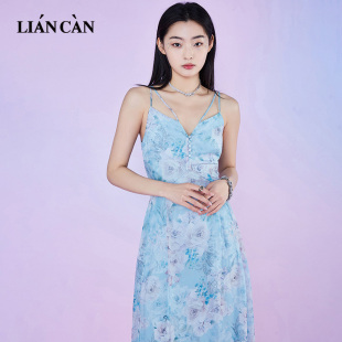 莲灿清仓新款 吊带A字连衣裙收腰显瘦宽松气质印碎花雪纺裙