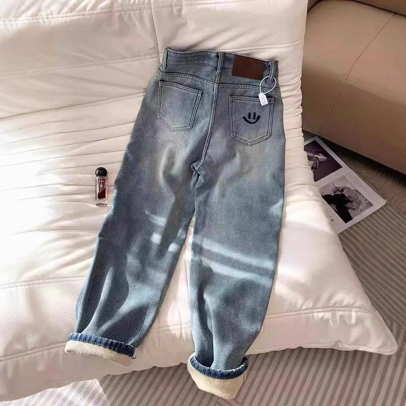 大码加绒加厚哈伦牛仔裤女2024冬季胖mm宽松高腰显瘦直筒阔腿裤子