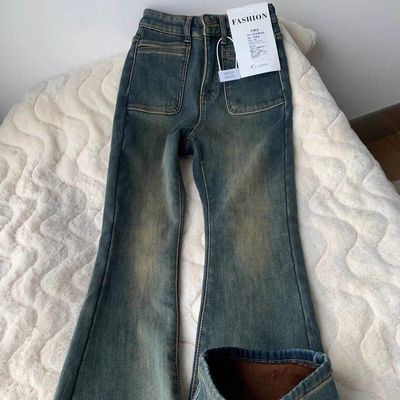 复古蓝微喇牛仔裤女秋冬加绒加厚高腰修身显瘦高个子加长拖地裤子