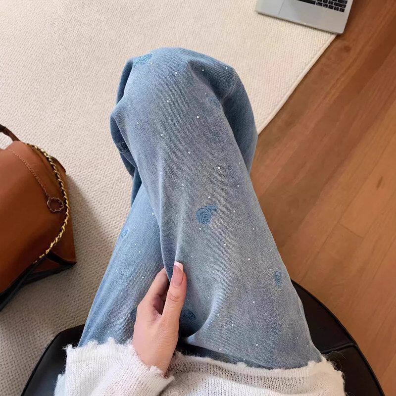 烫钻刺绣阔腿牛仔裤女2026年春季流行新款高腰遮胯显瘦休闲直筒裤