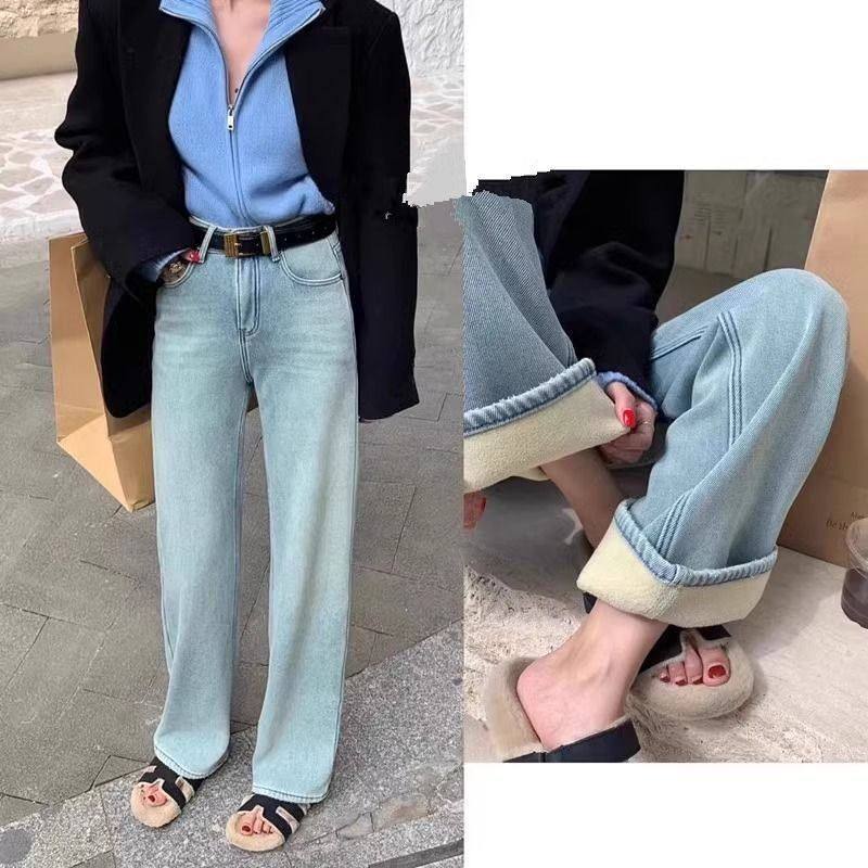蓝色直筒高腰阔腿牛仔裤女胖MM冬季新款加绒加厚显瘦百搭拖地裤子