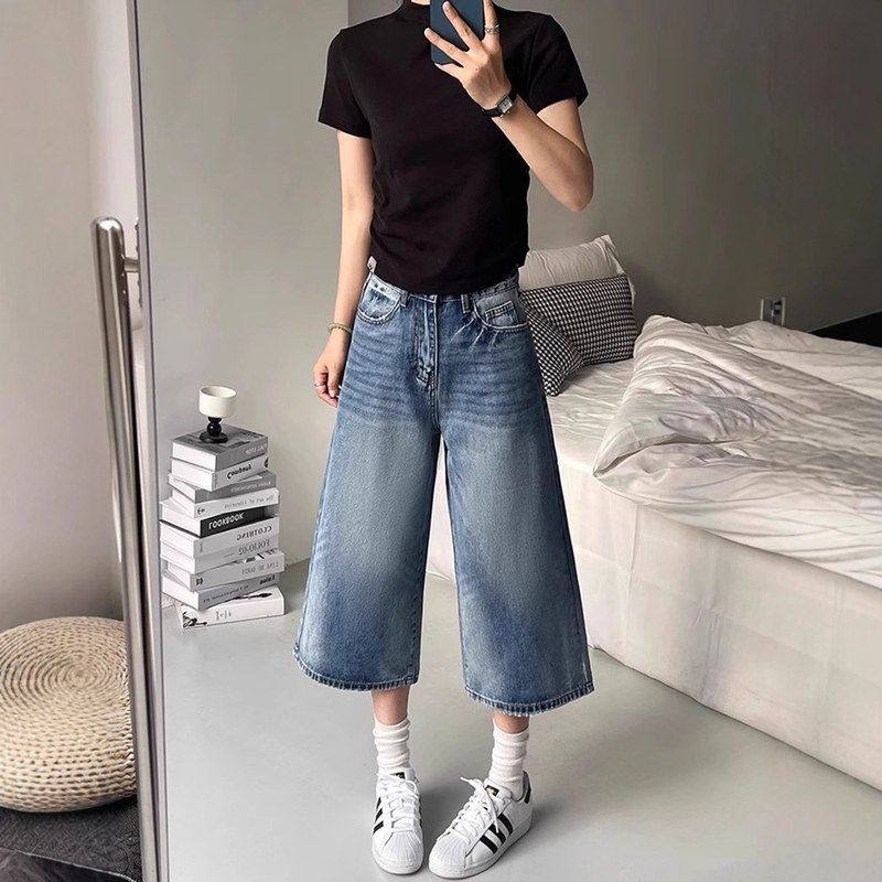 美式复古阔腿牛仔裤女夏大码胖mm高腰宽松遮胯显瘦梨形身材七分裤