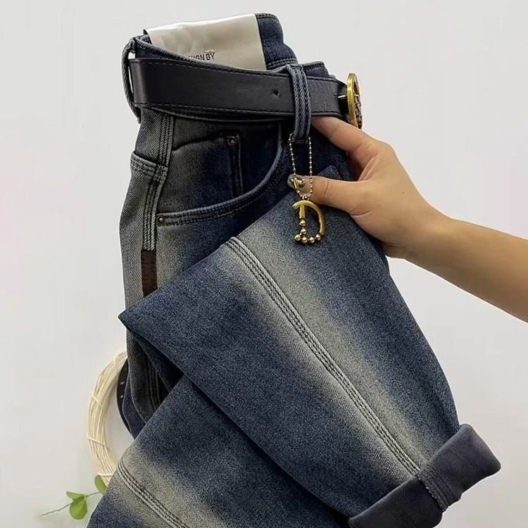 小休闲百搭众设计感撞色直筒老爹裤女2024年春新款牛仔哈伦九分