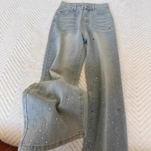 浅色亮闪闪直筒牛仔裤女春秋季新款胖mm高腰宽松显瘦重工垂感长裤