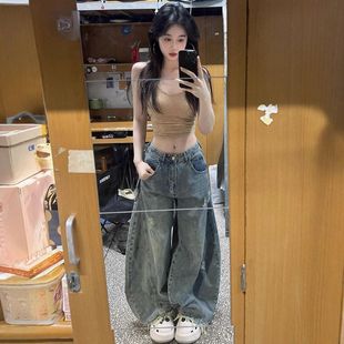 美式复古弯刀阔腿牛仔裤女春夏高腰宽松设计感水洗做旧破洞拖地裤