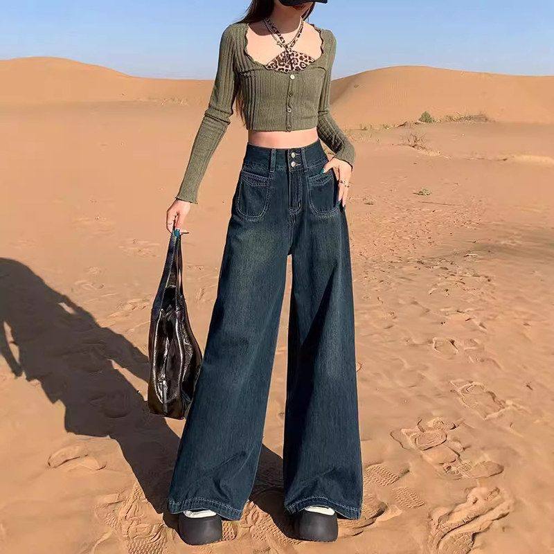 深蓝色阔腿牛仔裤女秋季新款设计感复古宽松阔腿显瘦直筒拖地裤子