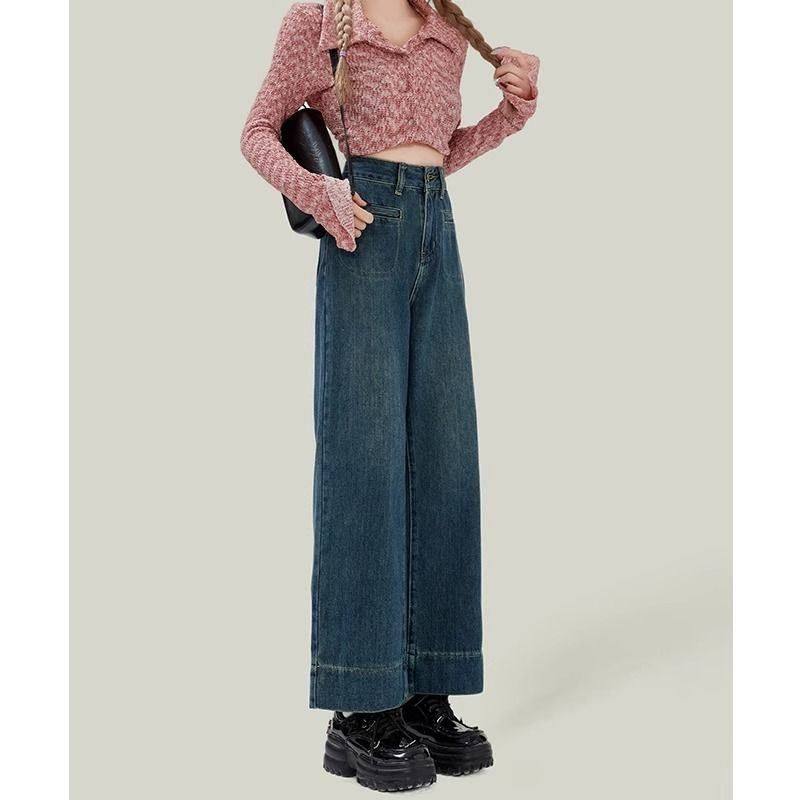 深蓝色阔腿牛仔裤女2025春季新款高腰宽松显瘦加绒加厚直筒拖地裤