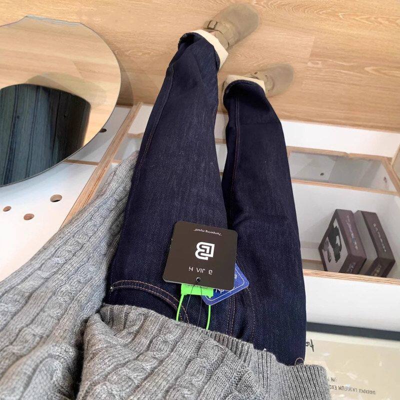 丹宁深蓝色加绒窄版阔腿牛仔裤女2024秋冬加厚高腰显瘦宽松直筒裤