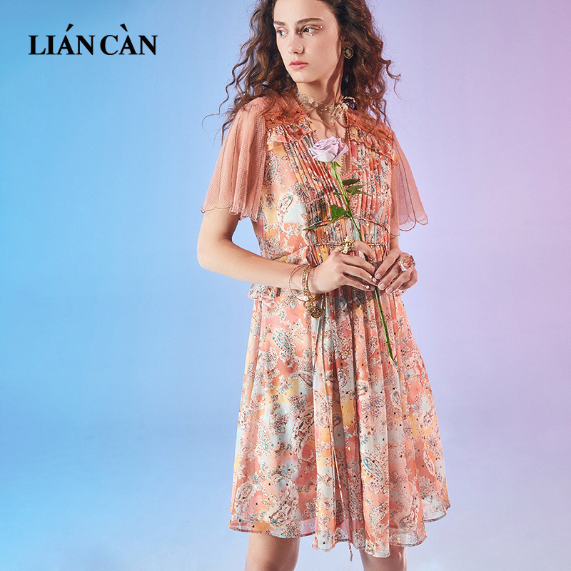 莲灿新中式时尚法式浪漫V领收腰花瓣袖雪纺连衣裙7121224010