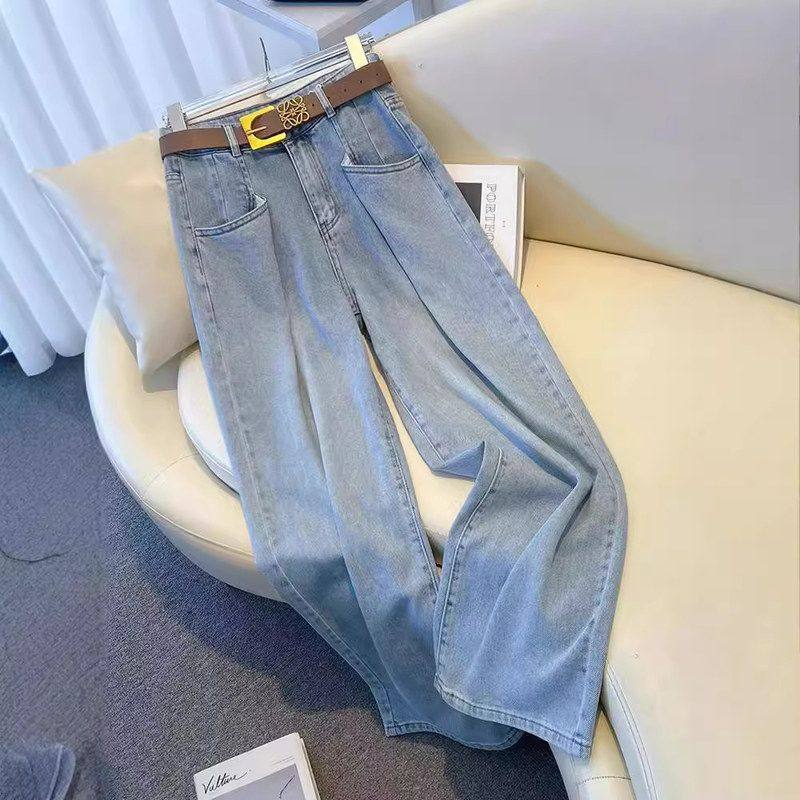 浅色高腰阔腿牛仔裤女2024春秋新款褶皱设计感小众直筒拖地裤子