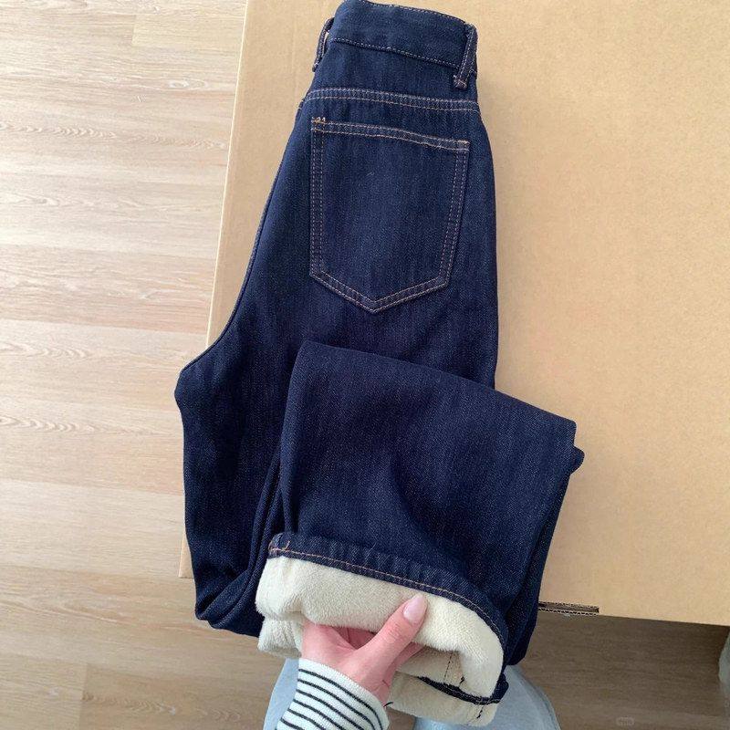 加绒加厚深蓝色直筒牛仔裤女冬季大码胖mm高腰遮胯梨形身材阔腿裤