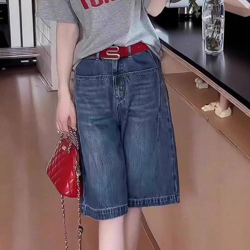 大码直筒牛仔裤女2025夏季新款胖mm高腰宽松显瘦a字阔腿五分中裤