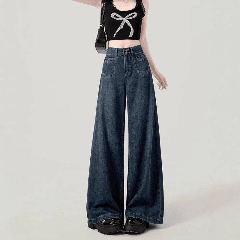复古阔腿牛仔裤女2025春季新款宽松遮肉显瘦小个子高腰直筒拖地裤