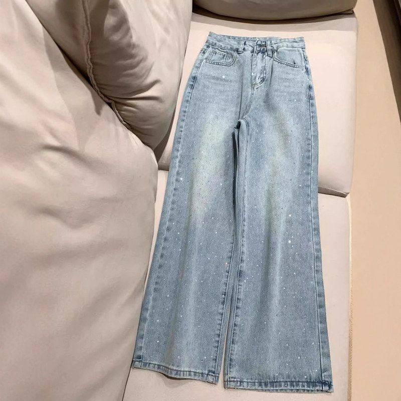 浅蓝色阔腿牛仔裤女2025夏季新款小个子显瘦烫钻设计感宽松直筒裤