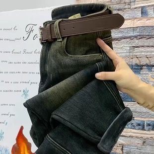 高腰显瘦九分哈伦裤 新款 女2024年冬季 小众复古加绒加厚牛仔老爹裤