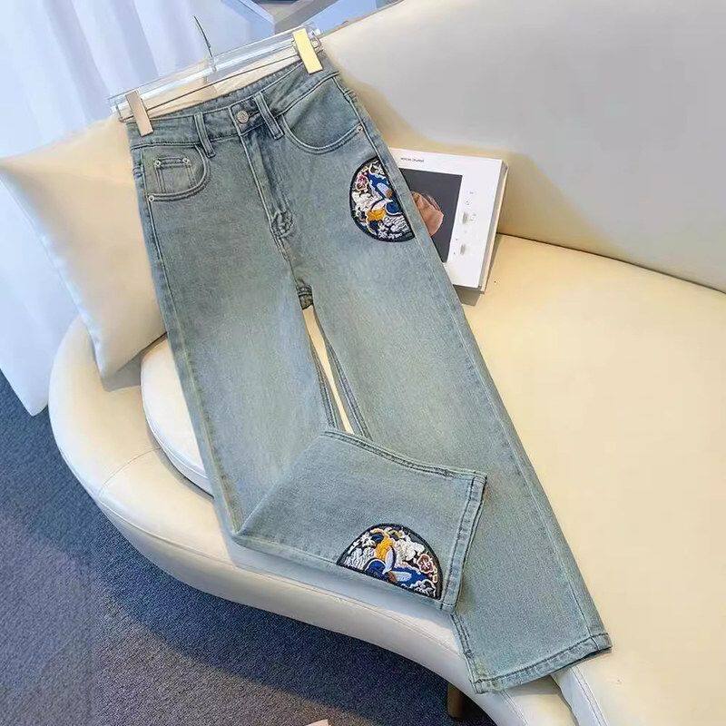 新中式国风刺绣牛仔裤女2024年早秋季新款高腰显瘦宽松九分直筒裤,女装/女士精品,牛仔裤,淘宝优惠券,粉丝福利购,淘宝优惠卷