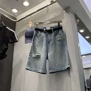 女装 五分牛仔裤 时尚 破洞阔腿直筒短裤 2025年夏季 小众显瘦中裤 韩版