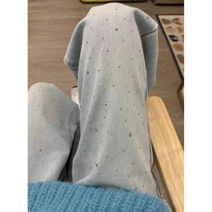 浅蓝色阔腿牛仔裤女2025秋冬新小个子显瘦烫钻设计感宽松拖地裤子