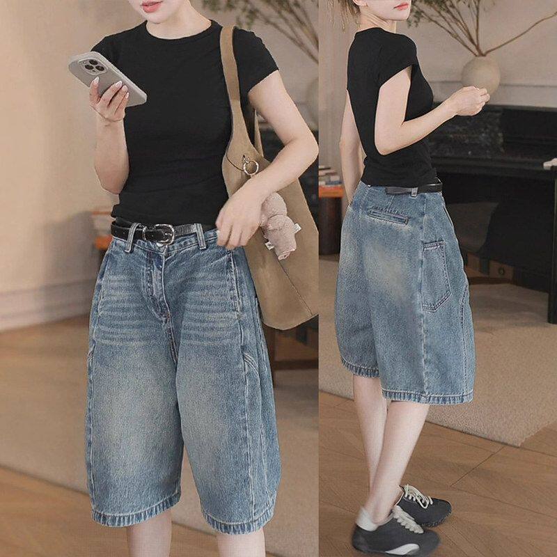 2025新款夏薄款高腰直筒牛仔短裤女大码花苞工装五分裤宽松阔腿裤