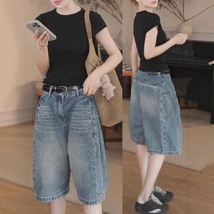 2025新款夏薄款高腰直筒牛仔短裤女大码花苞工装五分裤宽松阔腿裤
