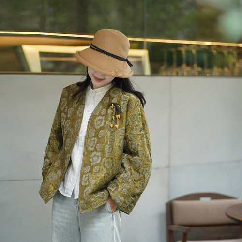 艾绘馆新中式国风绿色印花外套女复古短款显瘦高端小众外套