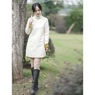 春秋白色中式 特价 复古改良旗袍外套女高质感气质小A字裙 断码