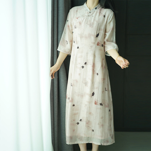 艾绘馆新中式 手工盘扣气质长裙 国风复古印花旗袍连衣裙女春夏季