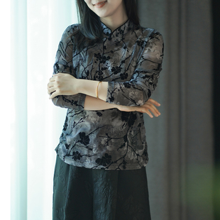 休闲国风盘扣打底衫 艾绘馆新中式 复古植绒提花立领上衣女秋冬季