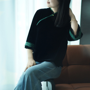 国风蕾丝花边盘扣外套 上衣女秋季 艾绘馆新中式 复古真丝丝绒七分袖