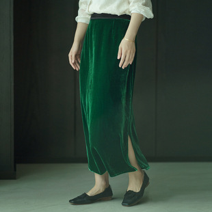 包臀裙 复古中长款 艾绘馆新中式 真丝丝绒高腰开叉半身裙女秋冬季