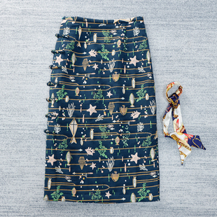 印花复古包臀裙女夏高腰长款 中式 半身裙侧开叉盘扣裙子 清仓特价