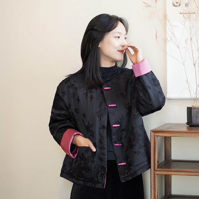 艾绘馆新中式提花织锦对襟棉服女