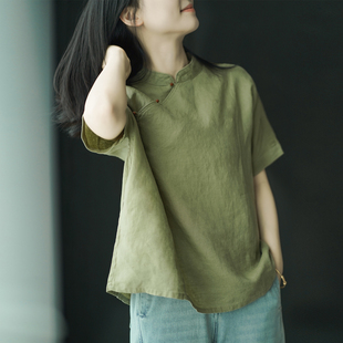 艾绘馆新中式国风复古亚麻立领旗袍上衣女夏季休闲宽松盘扣短袖