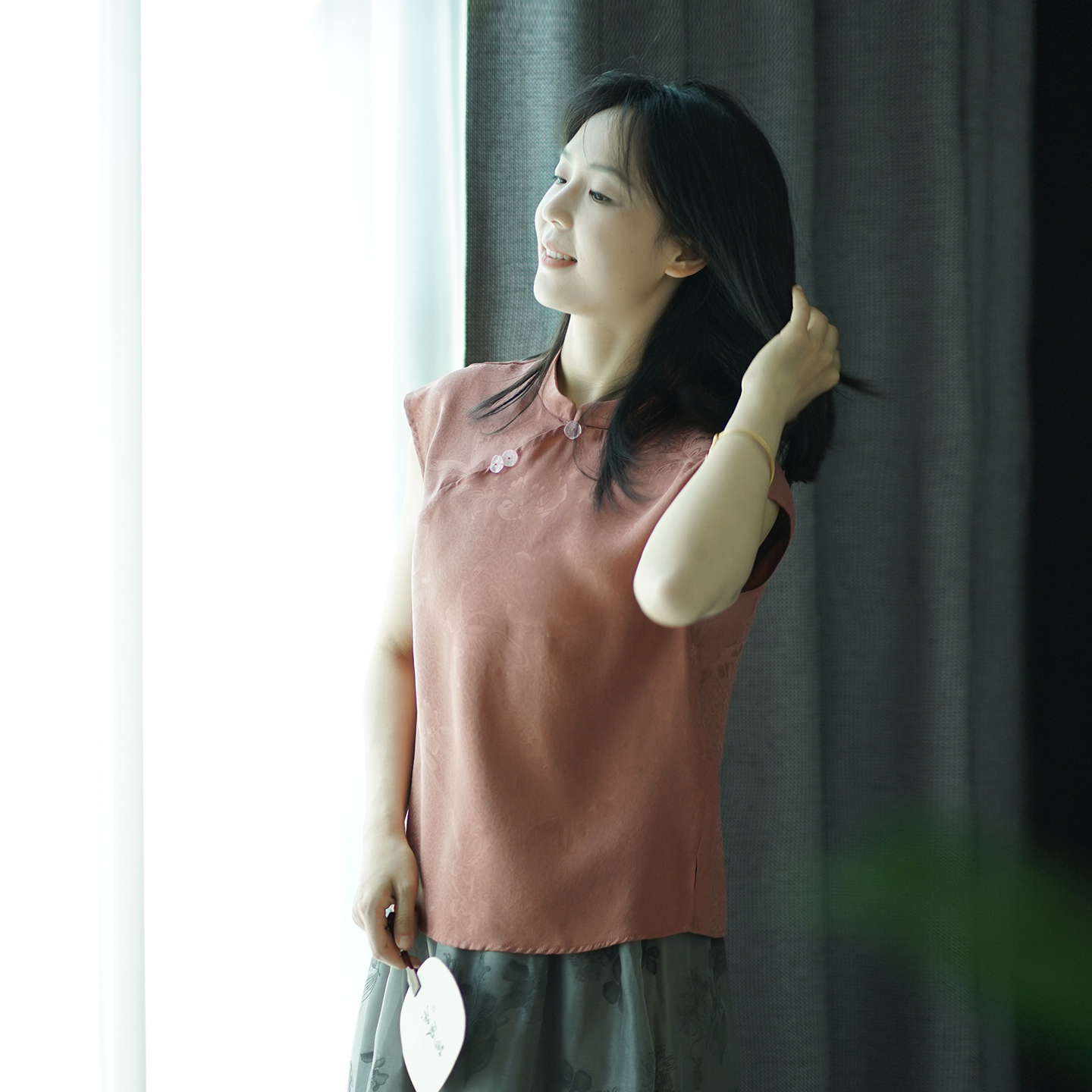 艾绘馆新中式桑蚕丝香云纱短袖女