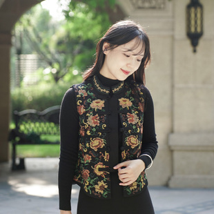 复古双色刺绣对襟马甲女休闲宽松保暖马夹外套 中式 艾绘馆 春秋季