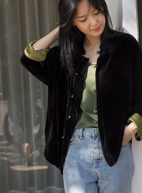 艾绘馆春季真丝丝绒黑色新中式休闲开衫上衣女小众设计复古短外套