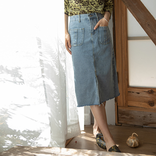 开叉半身裙韩版 高腰包臀牛仔裙女长款 春夏季 显瘦a字裙 清仓价