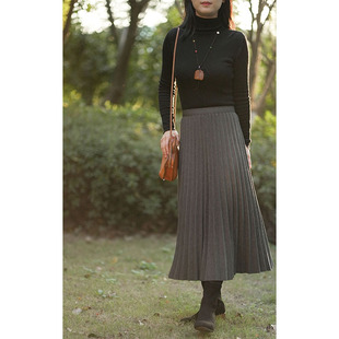 艾绘馆春秋季 黑色高腰毛呢半身裙女气质显瘦A字裙休闲百搭百褶裙