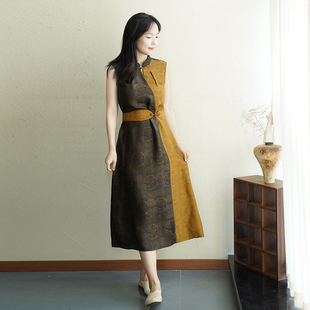 拼色连衣裙女桑蚕丝中长款 复古无袖 古韵旗袍裙子 新中式 艾绘馆夏季