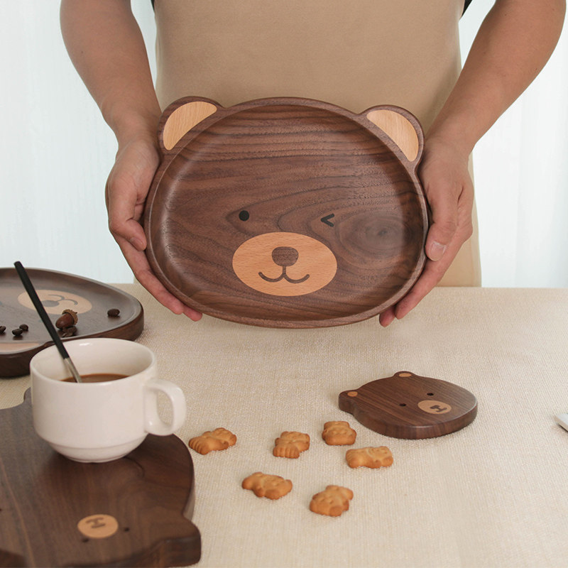 整木卡通小熊盘砧板托盘可爱点心家用儿童杯垫实木茶盘北美黑胡桃,餐饮具,餐用托盘,淘宝优惠券,粉丝福利购,淘宝优惠卷
