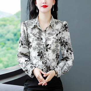 印花雪纺衬衫女上衣2026早秋新款中年长袖减龄遮肚子衬衣小衫