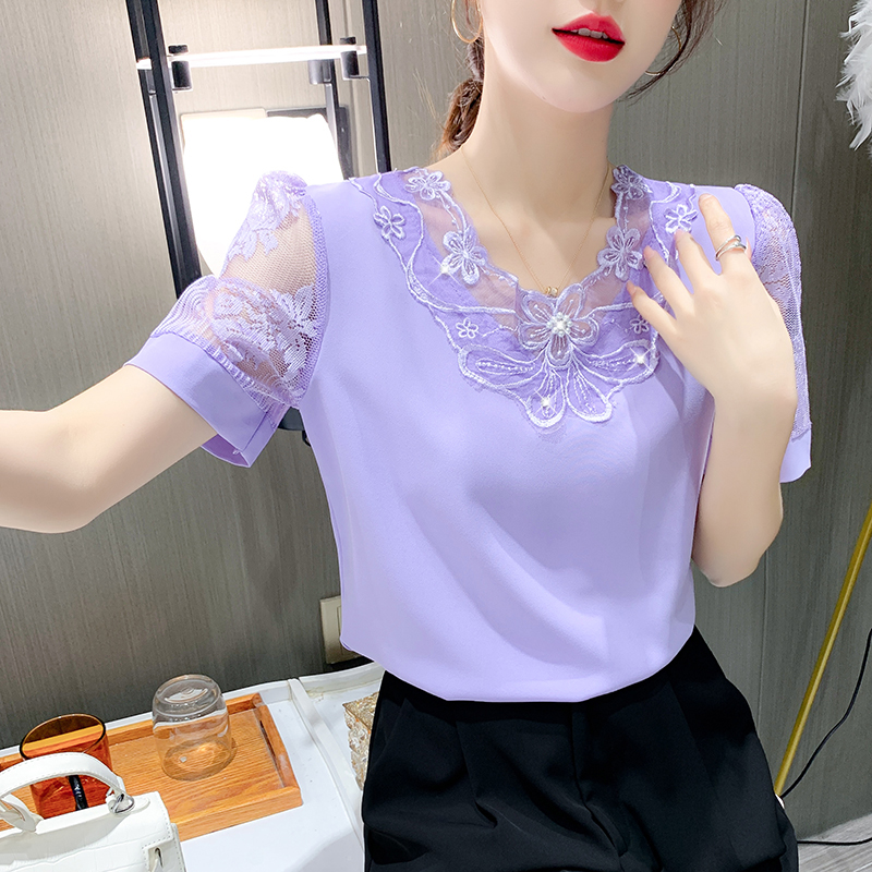 时尚网纱T恤女2025夏新款短袖洋气雪纺上衣女式甜美百搭蕾丝小衫