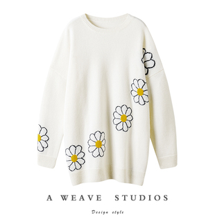 女中长款 廓形小花羊绒衫 加厚纯羊绒毛衣圆领宽松慵懒 耀眼 适度