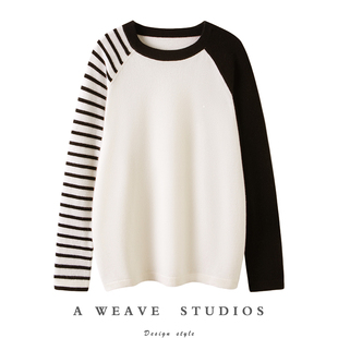 简约髙JI得无懈可击！小众简约拼色插肩羊绒衫女黑白撞色圆领毛衣